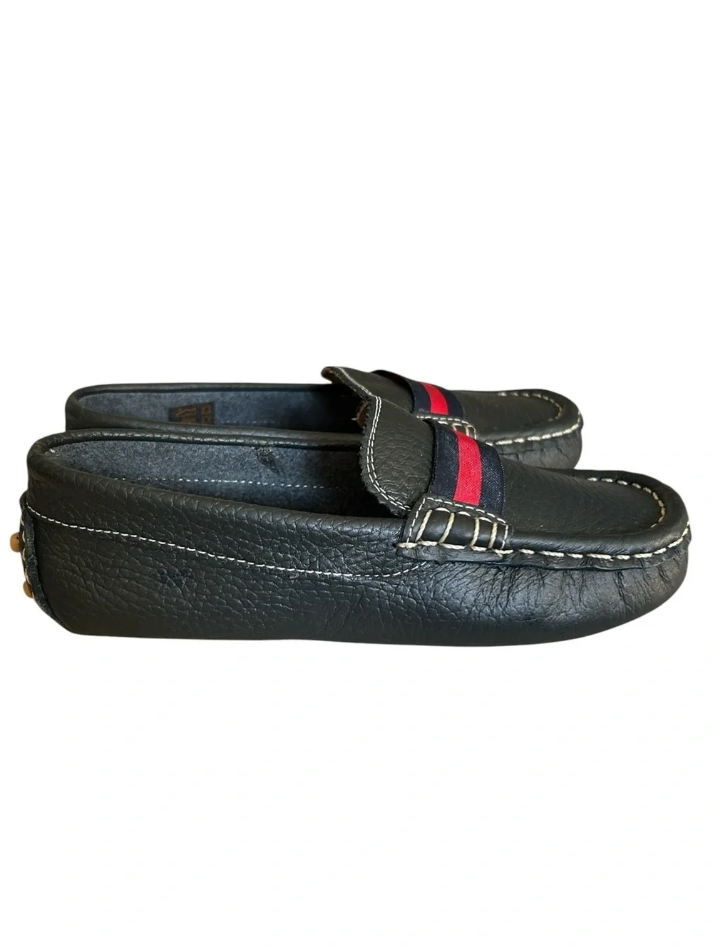 Elephantito Little Boys Navy Leather and Red Striped Club Loafer Size 11.5
